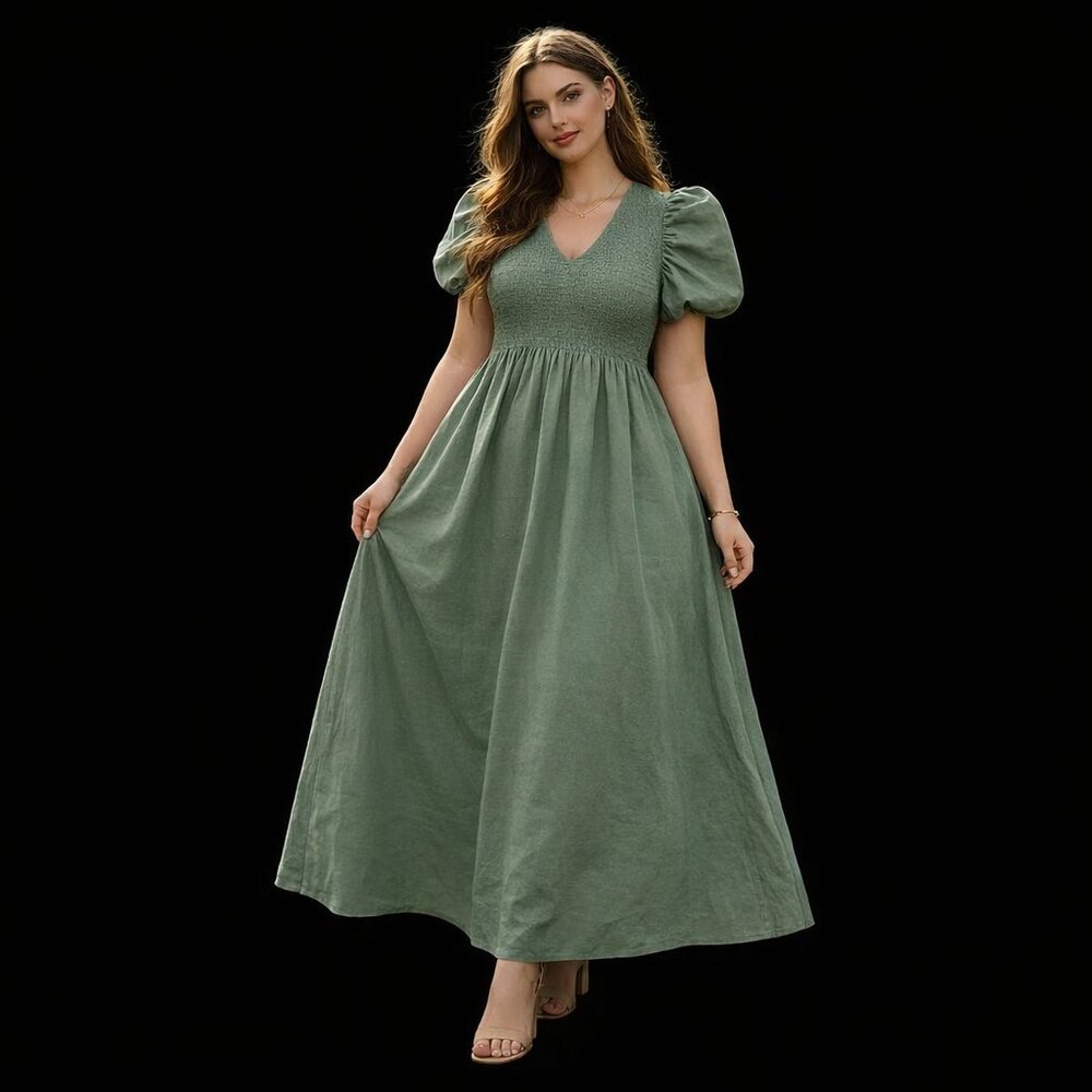 Women's Sage Green Smocked Puff Sleeve Maxi Dress with Slit, XL